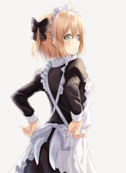 Rule 34 | 1girl, alternate costume, apron, black bow, blonde hair, blush, bow, bowtie, enmaided, fate/grand order, fate (series), frilled apron, frills, hair between eyes, hair bow, hair ornament, juliet sleeves, long sleeves, looking at viewer, maid, maid apron, maid headdress, nonono (nononotea), okita souji (fate), okita souji (koha-ace), open mouth, puffy sleeves, short hair, simple background, solo, standing, waist apron, white apron, white background, yellow eyes