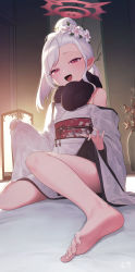 Rule 34 | 1girl, absurdres, bare shoulders, barefoot, bed sheet, blue archive, blush, clothes lift, feet, floral print, flower, foreshortening, hair bun, hair flower, hair ornament, halo, highres, holding, indoors, japanese clothes, kimono, lamp, lifted by self, long hair, long sleeves, looking at viewer, mutsuki (blue archive), mutsuki (new year) (blue archive), obi, off shoulder, open mouth, pink flower, pointy ears, red eyes, sash, scarf, signalviolet, single hair bun, sitting, sleeves past wrists, smile, soles, solo, toes, white flower, white hair, white kimono, wide sleeves