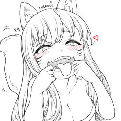 Rule 34 | ahri (league of legends), animal ears, blush, breasts, cleavage, collarbone, fox ears, fox tail, large breasts, league of legends, lolboja, long hair, open mouth, sketch, tail, tongue