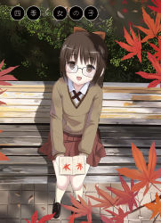 Rule 34 | 1girl, :d, autumn, bad id, bad pixiv id, bench, blush, bow, brown eyes, brown hair, from above, glasses, hair bow, highres, houmitsu, leaf, long hair, looking up, open mouth, original, ponytail, school uniform, sitting, skirt, smile, solo, sweater