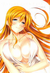 Rule 34 | 10s, 1girl, 2012, absurdres, artist name, bare shoulders, blonde hair, blue eyes, blush, breasts, cleavage, clothes pull, cover, dated, dress, dress pull, dutch angle, highres, jewelry, large breasts, long hair, looking at viewer, namaiki!, necklace, no bra, original, pulling own clothes, ring, scan, simple background, sleeveless, sleeveless dress, smile, solo, translation request, white background, white dress, yu (bkks)