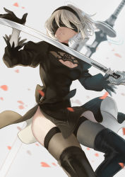 Rule 34 | 1girl, black dress, black footwear, black thighhighs, blindfold, blurry, blurry background, blurry foreground, boots, breasts, cleavage, cleavage cutout, clothing cutout, commentary, dress, feather-trimmed sleeves, feet out of frame, fighting stance, floating clothes, hairband, highres, hip focus, holding, holding sword, holding weapon, juliet sleeves, large breasts, long sleeves, messy hair, mole, mole under mouth, nier:automata, nier (series), parted lips, petals, puffy sleeves, shioha, side slit, solo, sword, teeth, thighhighs, weapon, white background, white hair, 2b (nier:automata)