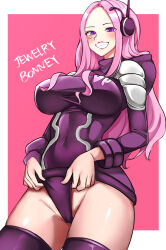 Rule 34 | 1girl, alternate costume, ass, bent over, cameltoe, character name, cleft of venus, curvy, egghead island, grin, highres, jewelry bonney, jewelry bonney (egghead), kasumi 6, leotard, leotard pull, lips, lipstick, looking at viewer, makeup, official alternate costume, one piece, purple leotard, revealing clothes, shiny clothes, shiny skin, smile, wide hips