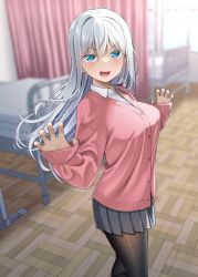 Rule 34 | 1girl, :d, blue eyes, blurry, blurry background, blush, breasts, brown pantyhose, cardigan, collared shirt, commentary request, day, depth of field, dress shirt, fang, feet out of frame, grey hair, grey skirt, gurande (g-size), hair between eyes, highres, indoors, large breasts, long hair, looking at viewer, nail polish, open mouth, original, pantyhose, pink cardigan, pink nails, pleated skirt, school uniform, shirt, skirt, sleeves past wrists, smile, solo, standing, v-shaped eyebrows, very long hair, white shirt, window, wooden floor
