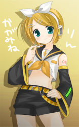 Rule 34 | 1girl, arm tattoo, bare shoulders, belt, belt buckle, black shorts, blonde hair, buckle, closed mouth, contrapposto, cowboy shot, detached sleeves, hair ornament, hairclip, headphones, headset, kagamine rin, long sleeves, looking at viewer, navel, neckerchief, number tattoo, school uniform, serafuku, shiratama, shiratama yomogi, short hair, shorts, simple background, smile, solo, standing, stomach, swept bangs, tareme, tattoo, thighs, treble clef, vocaloid, wide sleeves, yellow background, yellow neckerchief