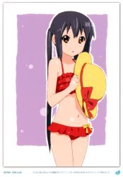 Rule 34 | absurdres, bikini, black hair, blush, bow, brown eyes, dated, errant, hat, highres, k-on!, long hair, looking at viewer, nakano azusa, navel, open mouth, purple background, red bikini, red bow, ribbon, sun hat, swimsuit, twintails, unworn hat, unworn headwear, yellow bow, yellow ribbon