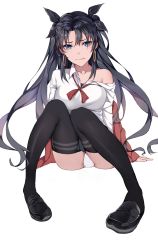 Rule 34 | 1girl, black bow, black footwear, black hair, black thighhighs, blue eyes, bow, breasts, closed mouth, collarbone, collared shirt, commentary, earrings, fate/grand order, fate (series), floating hair, hair between eyes, hair bow, highres, ishtar (fate), jewelry, lanzero, long hair, long sleeves, looking at viewer, medium breasts, off shoulder, panties, school uniform, shirt, simple background, sitting, solo, thighhighs, twintails, underwear, very long hair, white background, white panties, white shirt, wing collar