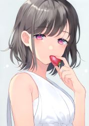 Rule 34 | 1girl, absurdres, achiki, brown hair, food, fruit, highres, holding, holding food, holding fruit, looking at viewer, mole, mole under eye, original, red eyes, short hair, simple background, sleeveless, solo, strawberry, upper body, white background