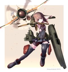 Rule 34 | 10s, 1girl, aircraft, airplane, ankle boots, boots, bow (weapon), brown eyes, brown hair, crossbow, fairy (kancolle), gradient background, grey footwear, headband, headgear, highres, kantai collection, machinery, panikuru yuuto, ryuusei (kancolle), short hair, solo, taihou (kancolle), thighhighs, uniform, weapon, zettai ryouiki