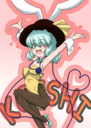 Rule 34 | 1girl, animal ears, arms up, ashcape, bare shoulders, black pantyhose, blush, character name, eyeball, female focus, flat chest, gradient background, green eyes, green hair, hat, heart, heart of string, high heels, komeiji koishi, leg up, leotard, loose clothes, matching hair/eyes, one eye closed, open mouth, oversized clothes, pantyhose, playboy bunny, rabbit ears, shoes, short hair, smile, solo, third eye, touhou, wink, wrist cuffs