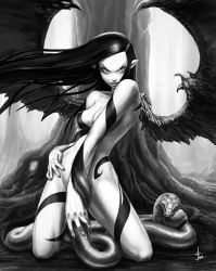 Rule 34 | demon girl, greyscale, kometani hisanobu, monochrome, nude, original, solo, tagme, wings