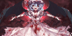 Rule 34 | 1girl, backlighting, bat wings, blood, blue hair, brooch, fangs, frills, full moon, hat, hat ribbon, jewelry, mob cap, moon, open mouth, outstretched arms, raining blood, red eyes, remilia scarlet, ribbon, short hair, skirt, skirt set, smile, solo, spread arms, tian (my dear), touhou, wings, wrist cuffs