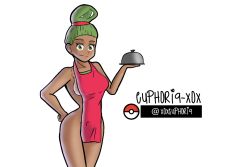 Rule 34 | apron, baking, chef, cooking, creatures (company), dark-skinned female, dark skin, euphoria-xox, food, game freak, green eyes, green hair, hand on own hip, highres, looking at viewer, looking to the side, mallow (pokemon), naked apron, nintendo, pokemon, pokemon sm, ponytail, self-upload, standing