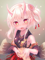 Rule 34 | 1boy, 1girl, :d, blush, detached sleeves, fang, flower, hair flower, hair ornament, horns, looking at viewer, oni, oni horns, onibahime (sennen sensou aigis), open mouth, pointy ears, pov, pov hands, red eyes, ribbon-trimmed sleeves, ribbon trim, sennen sensou aigis, shinovi, slit pupils, smile, solo focus, upper body, white hair