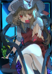Rule 34 | 1girl, absurdres, ambiguous red liquid, arm support, blonde hair, blue background, commentary request, crossed legs, crystal, dark, feet out of frame, fingernails, flandre scarlet, giving, hair over eyes, hat, hat ribbon, highres, incoming food, long bangs, long fingernails, looking at viewer, medium hair, mob cap, mouth hold, nail polish, one side up, outstretched arm, pointy ears, puffy short sleeves, puffy sleeves, rainbow order, red eyes, red nails, red ribbon, red skirt, red vest, ribbon, ribbon-trimmed headwear, ribbon trim, shi chimi, shirt, short sleeves, sidelocks, sitting, skirt, skirt set, slit pupils, solo, splatter, touhou, vest, white shirt, wings