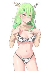 Rule 34 | 1girl, absurdres, animal print, antlers, bikini, blush, breasts, ceres fauna, clothes lift, cow print, cow print bikini, earrings, flower, grey hair, hair flower, hair ornament, highres, hololive, hololive english, horns, jewelry, leaf, long hair, looking to the side, medium breasts, mole, mole under eye, navel, print bikini, ribbed sweater, shift (shiftillust), simple background, solo, stomach, sweater, sweater lift, swimsuit, virtual youtuber, white background, yellow eyes