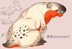 Rule 34 | ..., animal focus, arrow (symbol), black eyes, brown background, commentary request, from side, full body, monster, multiple views, no humans, original, signature, simple background, sitting, sketch inset, spoken ellipsis, spots, tail, tusks, yamamura le