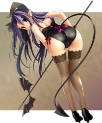 Rule 34 | 1girl, ass, bare shoulders, bent over, bow, earrings, full body, high heels, horns, jewelry, katahira masashi, leotard, long hair, looking back, original, pointy ears, purple hair, red eyes, shoes, solo, staff, standing, tail, thighhighs, trefoil