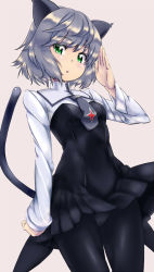 Rule 34 | 1girl, :o, animal ears, cat ears, cat tail, green eyes, necktie, panties, panties under pantyhose, pantyhose, salute, sanya v. litvyak, short hair, silver hair, skirt, solo, strike witches, tail, underwear, world witches series, zizi (zz22)
