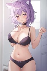 1girl :3 absurdres ahoge animal_ears bare_arms bare_shoulders black_bra black_choker black_panties bra breast_suppress breasts cat_ears cat_girl choker cleavage cowboy_shot gluteal_fold hand_on_own_chest hands_up highres hololive indoors large_breasts looking_at_viewer nannung navel nekomata_okayu panties purple_eyes purple_hair revision short_hair smile solo standing stomach thigh_gap thighs underwear underwear_only virtual_youtuber