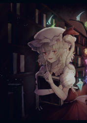 Rule 34 | 1girl, ascot, back bow, blonde hair, book, bookshelf, bow, cowboy shot, crystal, fang, finger to mouth, fingernails, flandre scarlet, fleuriste, frilled shirt collar, frills, glowing, glowing wings, hair between eyes, hat, holding, holding book, index finger raised, indoors, library, long finger, long fingernails, looking at viewer, mob cap, multicolored wings, nail polish, open mouth, pointy ears, puffy short sleeves, puffy sleeves, red eyes, red nails, red skirt, red vest, shirt, short sleeves, side ponytail, skirt, skirt set, solo, touhou, vest, white bow, white hat, white shirt, wings, yellow ascot