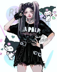 Rule 34 | 1girl, absurdres, belt, billlie (group), black belt, black bracelet, black eyes, blush, chain, chain necklace, clothes writing, demon tail, eyeshadow, fingerless gloves, fukutomi tsuki, gloves, highres, jewelry, kuromi, licking lips, looking at viewer, makeup, necklace, punk, real life, sanrio, single fingerless glove, skirt, studded belt, studded bracelet, tail, tongue, tongue out, torn clothes, torn skirt, twintails, whenever96