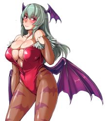 Rule 34 | 1girl, adjusting clothes, aged up, alternate color, animal print, aqua eyes, bare shoulders, bat print, bat wings, blush, breasts, bridal gauntlets, brown pantyhose, bursting breasts, cleavage, clothing cutout, colored eyelashes, cosplay, covered navel, cowboy shot, demon girl, elbow gloves, feathers, female focus, from side, gloves, grey hair, groin, hair between eyes, head wings, highleg, highleg leotard, hip vent, large breasts, leotard, light smile, lipstick, long hair, looking at viewer, low wings, makeup, morrigan aensland, morrigan aensland (cosplay), pantyhose, print pantyhose, red eyes, rozen maiden, shiny clothes, shiny skin, simple background, skindentation, smile, solo, strapless, strapless leotard, suigintou, thighs, tsuda nanafushi, underboob cutout, vampire (game), white background, wings
