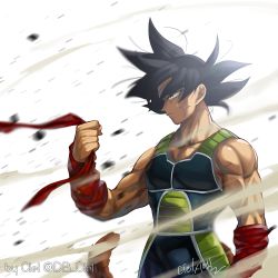 Rule 34 | 1boy, arm at side, armor, backlighting, bandana, bardock, black eyes, black hair, blurry, clothes lift, depth of field, dragon ball, expressionless, facial scar, floating hair, holding, holding clothes, looking away, male focus, monkey tail, muscular, profile, red bandana, rock, scar, scar on cheek, scar on face, signature, simple background, smoke, solo, spiked hair, tail, tarutobi, twitter username, upper body, white background, wind, wind lift, wristband