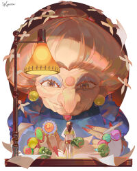 Rule 34 | 2girls, big nose, book, brown hair, cigarrete, colored skin, earrings, facial hair, gem, giant, giantess, glycan, green skin, jewelry, lamp, looking down, mask, multiple girls, mustache, ogino chihiro, old, old woman, ponytail, ring, sen to chihiro no kamikakushi, size difference, smile, table, white hair, yubaba
