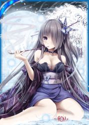 Rule 34 | 1girl, akkijin, bare shoulders, breasts, bug, butterfly, card (medium), cleavage, forest, frozen lake, grey hair, hair ornament, holding, holding smoking pipe, insect, japanese clothes, kimono, long hair, looking at viewer, medium breasts, moon, nature, night, night sky, one eye covered, pipe in mouth, purple eyes, purple kimono, shinkai no valkyrie, sitting, sky, smoking, smoking pipe, snow, snowflakes, solo