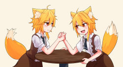 Rule 34 | 2girls, ahoge, animal ear fluff, animal ears, arm wrestling, asymmetrical hair, black neckwear, blonde hair, blush, brown eyes, brown skirt, brown vest, collared shirt, commentary request, cookie (touhou), cowboy shot, dual persona, fang, fox ears, fox girl, fox tail, looking at another, medium hair, miramikaru riran, multiple girls, necktie, open mouth, shirt, short sleeves, sidelocks, simple background, skirt, tail, vest, wavy mouth, white shirt, yan pai, yellow background