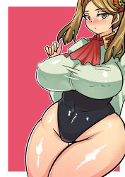 Rule 34 | 10s, 1girl, absurdres, breasts, brown eyes, brown hair, curvy, covered erect nipples, female focus, gundam, gundam build fighters, gundam build fighters try, hair ornament, highres, huge breasts, looking at viewer, sazaki kaoruko, solo, thick thighs, thighs, twintails, wide hips, zxc