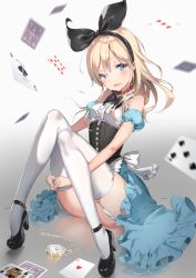 Rule 34 | 1girl, :d, ace (playing card), ace of hearts, ace of spades, alice (alice in wonderland), alice in wonderland, apron, bare shoulders, black footwear, black hairband, black neckwear, black ribbon, blonde hair, blue eyes, blue skirt, blue sleeves, blurry, blurry background, blurry foreground, blush, breasts, center frills, choker, club (shape), commentary request, convenient leg, corset, depth of field, detached sleeves, diamond (shape), frilled apron, frilled skirt, frills, full body, garter straps, glint, gradient background, hair between eyes, hair ribbon, hairband, head tilt, heart, high heels, highres, hinako (anzu15), long hair, looking at viewer, open mouth, playing card, pocket watch, puffy short sleeves, puffy sleeves, red choker, reflection, ribbon, shirt, shoes, short sleeves, simple background, skirt, sleeveless, sleeveless shirt, small breasts, smile, solo, spade (shape), thighhighs, underbust, waist apron, watch, white apron, white shirt, white thighhighs