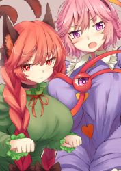 Rule 34 | 2girls, :3, alternate breast size, animal ears, black hairband, blue shirt, braid, breasts, cat ears, cat tail, clenched hands, dress, eyeball, green dress, hairband, highres, kaenbyou rin, komeiji satori, large breasts, long hair, long sleeves, multiple girls, multiple tails, open mouth, paw pose, pink eyes, pink hair, red eyes, red hair, red ribbon, ribbon, satou rin (gobugabuge), shirt, short hair, tail, third eye, touhou, twin braids, two tails