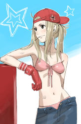 Rule 34 | 1girl, ahoge, arm support, armpits, backwards hat, baseball cap, bikini, bikini under clothes, blonde hair, blush, brown eyes, denim, dirty, flat chest, front-tie top, gloves, hat, highres, jeans, kozaki yuusuke, long hair, mouth hold, navel, open fly, original, outdoors, pants, pink bikini, sketch, sky, smile, solo, standing, star (symbol), stgar, swimsuit, swimsuit under clothes, toothpick, twintails, unzipped