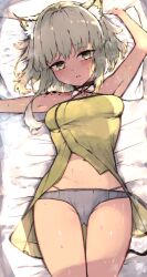 1girl arknights armpits bed_sheet breasts dress green_dress grey_eyes grey_hair grey_panties highres kal&#039;tsit_(arknights) kyuu_(plastic_night_q) looking_at_viewer lying material_growth medium_breasts medium_hair navel on_back oripathy_lesion_(arknights) panties pillow solo sweat thighs underwear