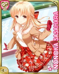 Rule 34 | 1girl, bow, breasts, brown coat, brown eyes, card (medium), closed mouth, coat, girlfriend (kari), gloves, ice rink, indoors, large breasts, light brown hair, long hair, looking at viewer, night, official art, qp:flapper, red bow, red gloves, red skirt, sasahara nonoka, shirt, skirt, smile, standing, tagme, white shirt