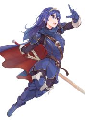 Rule 34 | 1girl, blue eyes, blue gloves, blue hair, cape, falchion (fire emblem), fire emblem, fire emblem awakening, full body, gloves, holding, holding sword, holding weapon, long hair, long sleeves, lucina (fire emblem), nintendo, open mouth, simple background, solo, sword, tiara, weapon, white background, yuuri (orz commushows)
