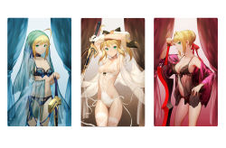 Rule 34 | 10s, 3girls, :&gt;, aestus estus, ahoge, armpits, arms up, artoria pendragon (all), artoria pendragon (fate), babydoll, bare shoulders, black babydoll, black panties, blonde hair, blue bra, blue panties, blush, bra, braid, breasts, choker, cleavage, closed mouth, contrapposto, covered navel, cowboy shot, curtains, fate/extra, fate/grand order, fate/stay night, fate (series), from side, green eyes, hair bun, hair ribbon, hand on own hip, holding, holding sword, holding weapon, leotard, lingerie, looking at viewer, medium breasts, multiple girls, nero claudius (fate), nero claudius (fate) (all), nero claudius (fate/extra), off shoulder, panties, planted, planted sword, planted weapon, ponytail, profile, red panties, red ribbon, ribbon, saber (fate), saber lily, salmon88, see-through, short hair, sidelocks, single hair bun, small breasts, smile, standing, sword, thighhighs, thighs, underwear, underwear only, veil, weapon, white legwear
