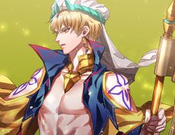Rule 34 | 1boy, blonde hair, closed mouth, earrings, eyelashes, fate/grand order, fate (series), gilgamesh (fate), gilgamesh (caster) (fate), gorget, holding, jacket, jewelry, male focus, open clothes, open jacket, profile, red eyes, sleeveless jacket, solo, tenobe, upper body, yellow background
