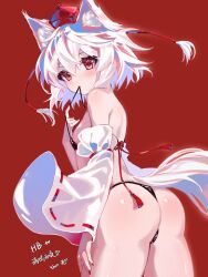 Rule 34 | 1girl, animal ear fluff, animal ears, ass, breasts, detached sleeves, hat, highres, inubashiri momiji, mouth hold, nail polish, nipple slip, nipples, outer glow, pom pom (clothes), red background, red nails, ribbon-trimmed sleeves, ribbon trim, ringo no usagi (artist), short hair, small breasts, solo, tail, tassel, tokin hat, touhou, wide sleeves, wolf ears, wolf tail