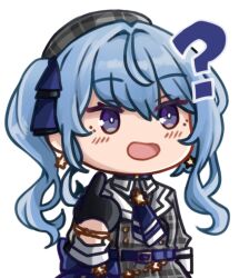 1girl ? ascot beret black_gloves blue_ascot blue_eyes blue_hair blue_ribbon blush buttons chibi chibi_only double-breasted gloves grey_hat grey_jacket grey_skirt hair_ribbon hat hololive hoshimachi_suisei hoshimachi_suisei_(1st_costume) jacket long_hair ookami_mio ookami_mio_(1st_costume) orakuru_(oracle_art) plaid_clothes plaid_hat plaid_jacket plaid_skirt pointing pointing_at_self ribbon shirt side_ponytail sidelocks simple_background skirt skirt_set sleeves_past_elbows solo star_(symbol) star_in_eye symbol_in_eye transparent_background upper_body virtual_youtuber white_shirt