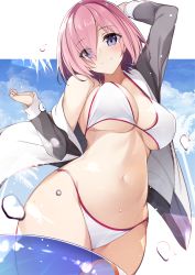 Rule 34 | 1girl, bare shoulders, bikini, blue sky, blush, breasts, cleavage, closed mouth, commentary request, fate/grand order, fate (series), grey jacket, hair over one eye, highres, jacket, large breasts, light purple hair, long sleeves, looking at viewer, mash kyrielight, mash kyrielight (swimsuit of perpetual summer), navel, netarou, official alternate costume, open clothes, open jacket, purple eyes, short hair, sky, smile, solo, swimsuit, thighs, white bikini