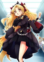 Rule 34 | asymmetrical legwear, baba (baba seimaijo), birdcage, black dress, blonde hair, cage, dress, earrings, ereshkigal (fate), ereshkigal (third ascension) (fate), fate/grand order, fate (series), hair ribbon, highres, jewelry, long hair, mismatched legwear, open mouth, parted bangs, red eyes, red ribbon, ribbon, skull, solo, tiara, two side up