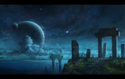 Rule 34 | cloud, grass, landscape, letterboxed, meteor, no humans, ocean, original, pillar, planet, ruins, scenery, seafh, sky, stairs, star (sky), starry sky, water