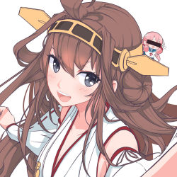 Rule 34 | 10s, 2girls, ahoge, akashi (kancolle), bar censor, beancurd, blue eyes, blush stickers, breasts, brown hair, censored, cleavage, commentary, double bun, hair bun, headgear, kantai collection, kongou (kancolle), long hair, looking at viewer, multiple girls, nontraditional miko, pink hair, simple background, smile, white background