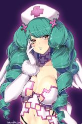 Rule 34 | 1girl, breasts, closed mouth, cross, drill hair, elbow gloves, fiore brunelli, gloves, greek cross, green hair, hat, highres, large breasts, lipstick, long hair, looking at viewer, makeup, murata tefu, revealing clothes, simple background, smile, solo, star ocean, star ocean anamnesis, star ocean integrity and faithlessness, yellow eyes
