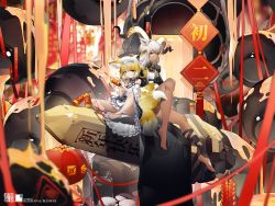 Rule 34 | 2girls, absurdres, animal ear fluff, animal ears, arknights, beeswax (arknights), black coat, blonde hair, braid, character name, coat, dress, firecrackers, green eyes, grey hair, hair ornament, highres, holding, holding lighter, horns, infection monitor (arknights), jewelry, lighter, multiple girls, necklace, obelisk, spread legs, suzuran (arknights), tail, twin braids, white dress, yellow eyes, yushe quetzalli