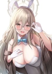 Rule 34 | 1girl, :d, akane (blue archive), akane (bunny) (blue archive), animal ears, bare shoulders, black-framed eyewear, blue archive, blue bow, blue bowtie, bow, bowtie, breasts, brown eyes, brown hair, cleavage, commentary request, detached collar, fake animal ears, glasses, gloves, gyzett, hair between eyes, halo, hand on own chest, highres, large breasts, leotard, long hair, looking at viewer, open mouth, pantyhose, playboy bunny, rabbit ears, simple background, smile, solo, white background, white gloves, white leotard, white pantyhose