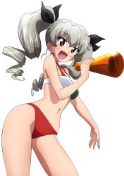 Rule 34 | 1girl, absurdres, anchovy (girls und panzer), bikini, black bow, blush, bow, breasts, cleavage, cowboy shot, curvy, floating hair, girls und panzer, groin, hair bow, hand on own hip, highres, holding, kanau, long hair, looking at viewer, medium breasts, multicolored bikini, multicolored clothes, multicolored swimsuit, navel, official art, red eyes, sideboob, silver hair, simple background, solo, swimsuit, twintails, very long hair, white background
